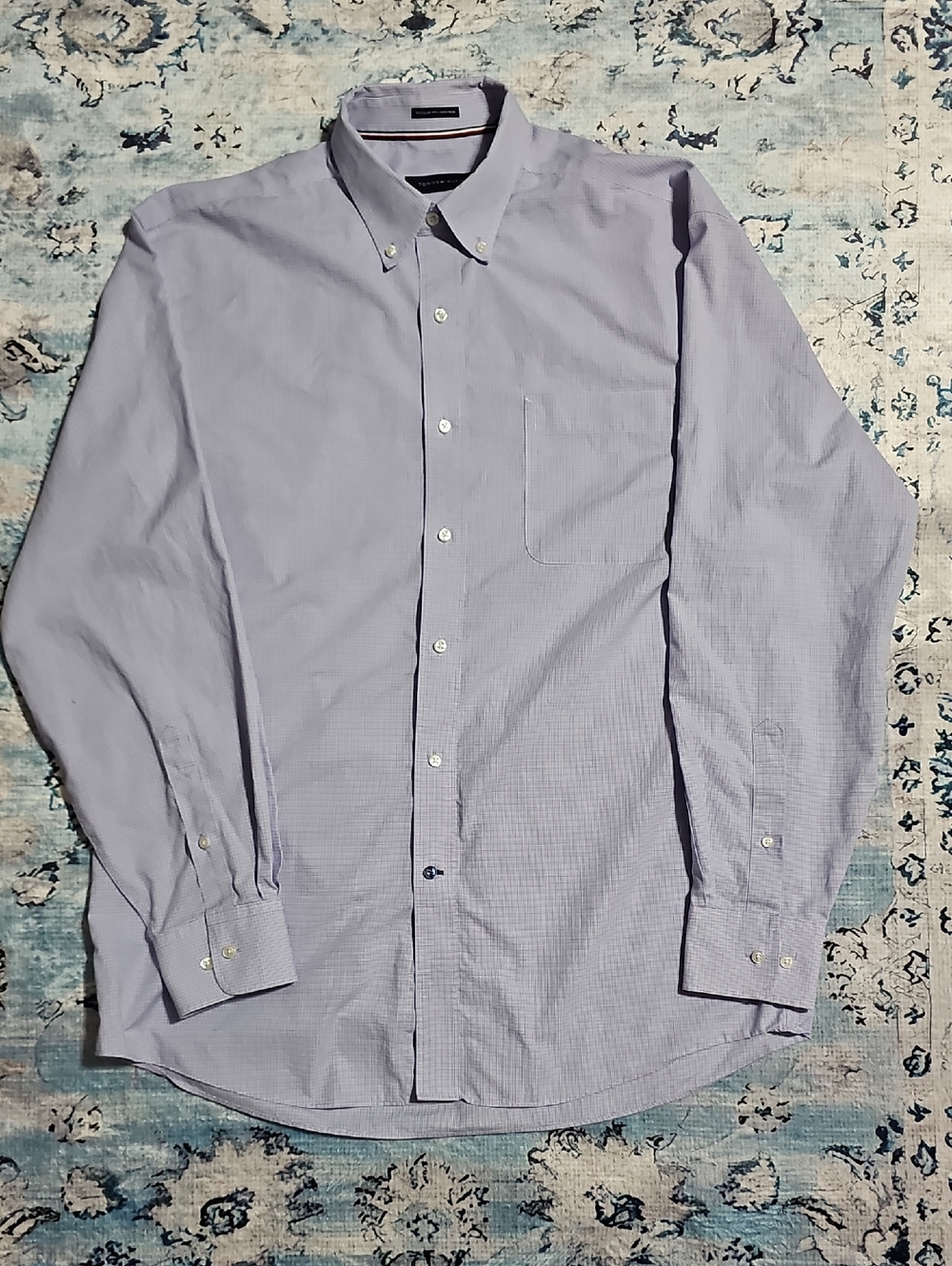 Tommy Hilfiger Mens 16 34/35 Regular Fit Non Iron Purple Micro Check Dress Shirt